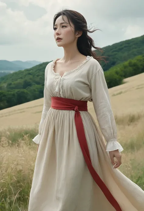 Highest quality、high detail、Ultra-realistic、「french revolution」A famous scene from、A beautiful woman runs up a hill with a French flag and a shotgun、White skin、My body is dirty in places with dust.、She is wearing a light beige dress with an open collar and...