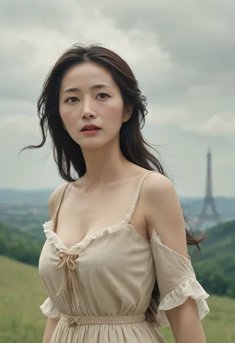 Highest quality、high detail、Ultra-realistic、「french revolution」A famous scene from、A beautiful woman runs up a hill with a French flag and a shotgun、White skin、My body is dirty in places with dust.、She is wearing a light beige dress with an open collar and...