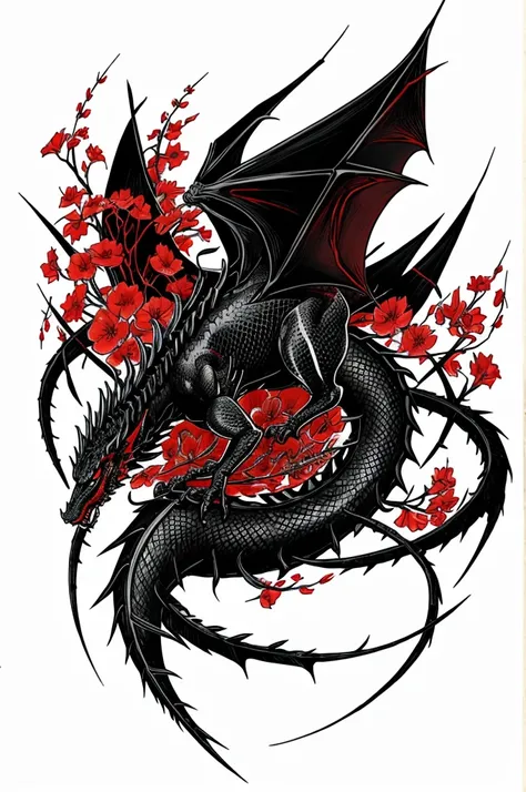 Make a design of a black dragon surrounded by red spider flowers in a sketch style for a leg tattoo 