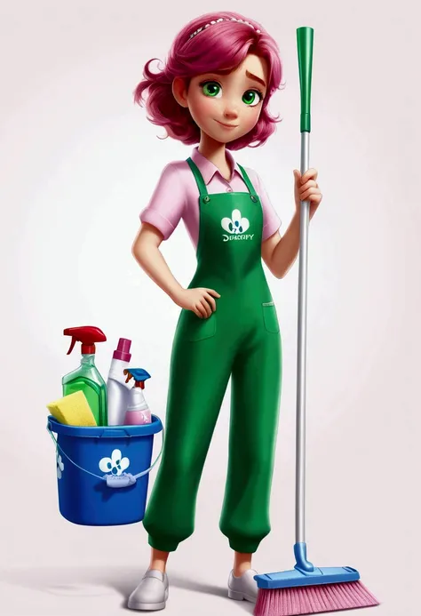 Brown hair, green eye, cleaning staff, cleaning articles,1 girl, wearing pink, full body, White background, artwork, pink hair ornament, full HD, Disney Pixar Animations style