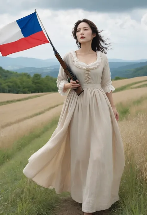 Highest quality、high detail、Ultra-realistic、「french revolution」A famous scene from、A beautiful woman runs up a hill with a French flag and a shotgun、White skin、My body is dirty in places with dust.、She is wearing a light beige dress with an open collar and...