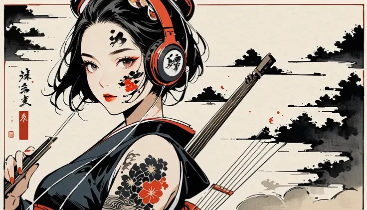 Ink Painting, (((1 person))), (((Tattoo on face))), (((Japanese String Instruments))), Japanese style headphones, beautiful girl, Black Hair, Delicate and precise, Modern ukiyo-e style