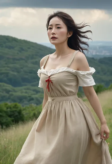 Highest quality、high detail、Ultra-realistic、「french revolution」A famous scene from、A beautiful woman runs up a hill with a French flag and a shotgun、White skin、My body is dirty in places with dust.、She is wearing a light beige dress with an open collar and...