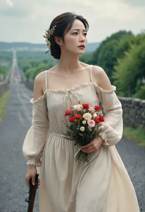 Highest quality、high detail、Ultra-realistic、「french revolution」A famous scene from、A beautiful woman runs up a hill with a French flag and a shotgun、White skin、My body is dirty in places with dust.、She is wearing a light beige dress with an open collar and...