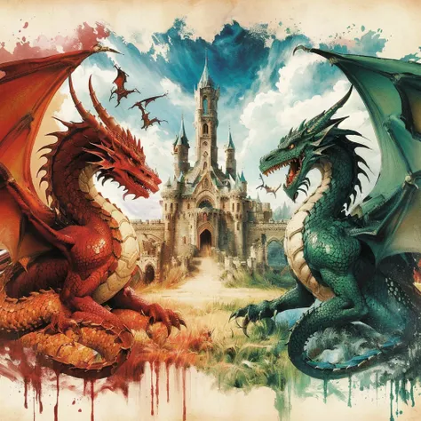 two dragon fighting over a castle with a castle in the background, dungeon and dragons art, dragons, dungeons & dragons, battle with dragon, dungeon and dragons, dungeons and dragons art, dragon art, world of fire and blood, dungeons and dragons artwork, d...