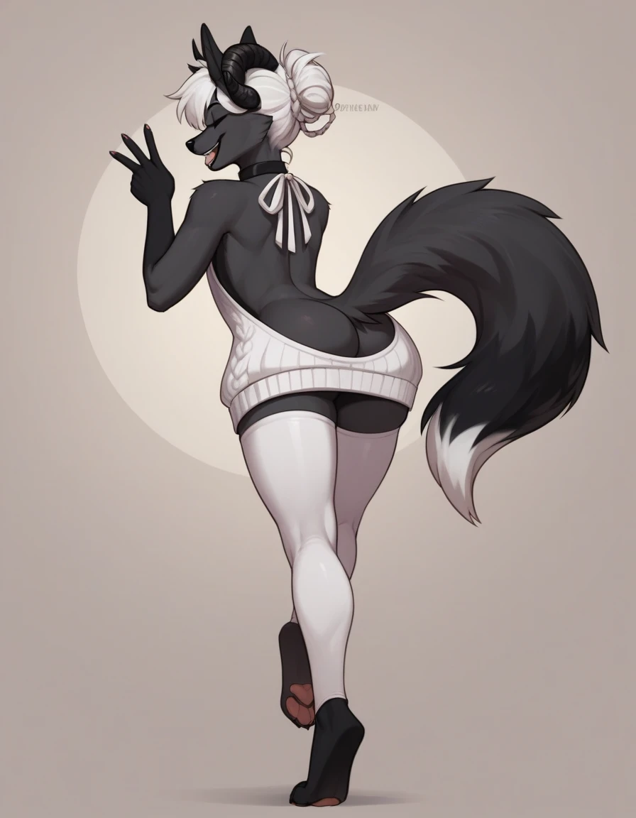 Solo, Score_9, score_8_up, score_7_up, An Anthro furry fox girl, dark grey furry body, fox tail, , black nose, white hair, braided hair, wearing oversized virgin killer sweater, white thigh highs, peace sign, bending over, one foot up and in view, exposed ...