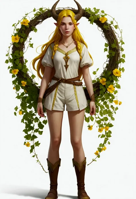 ((masterpiece,Best quality,8 k,A high resolution)),((character concept art)), 1 woman, young adult woman, Yellow medieval summer girl, concept, vines on the hand and horns from the vines, full length, whole body, magic hunter, White shorts, (standing still...