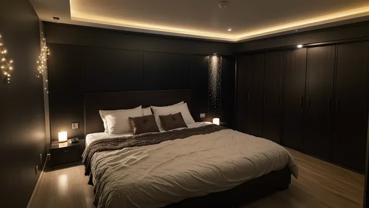 bedroom in black and brown colors lit with LED lights