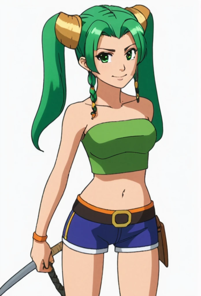 lily_entomach, 1girl, solo,tube top, spandex shorts, viking_helmet, ponytail, green hair,