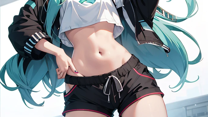 Hatsune miku add_detail:1, belly button, looking at the viewer, hand on hip, black jacket, dolphin shorts, ingle, (white shirt:1.2), braid, very long hair, Wide hips, 
under the chest, shirt, 
Big(Body proportions),