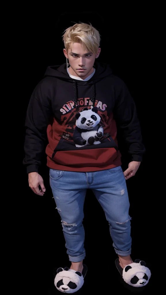 A full body man, with short blonde hair, with hoodie, with jeans, with panda slippers on feet.