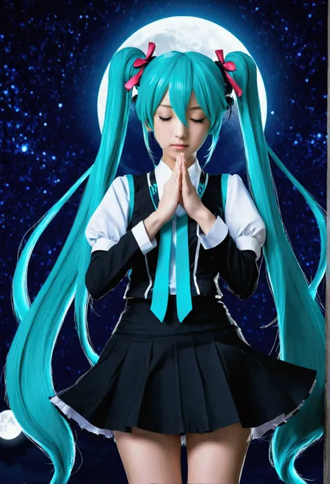 Twin tails　Hatsune Miku　I close my eyes and pray with my hands together　The skirt is spreading　Night Sky　The moon is shining brightly