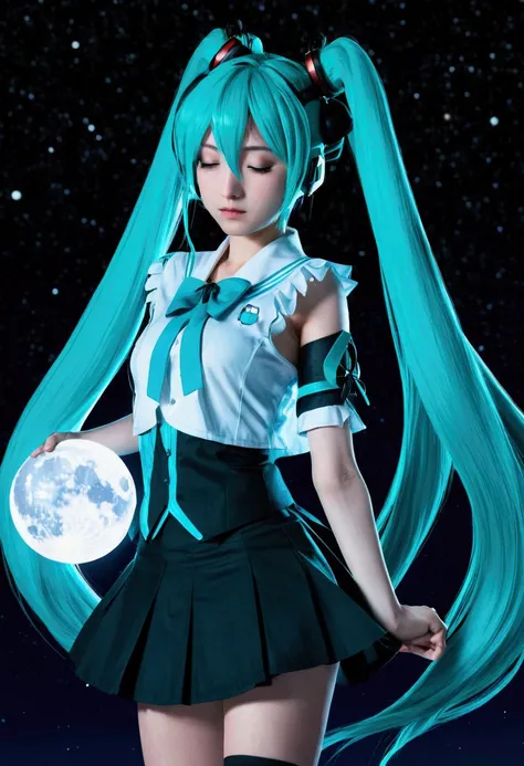 Twin tails　Hatsune Miku　I close my eyes and pray with my hands together　The skirt is spreading　Night Sky　The moon is shining brightly