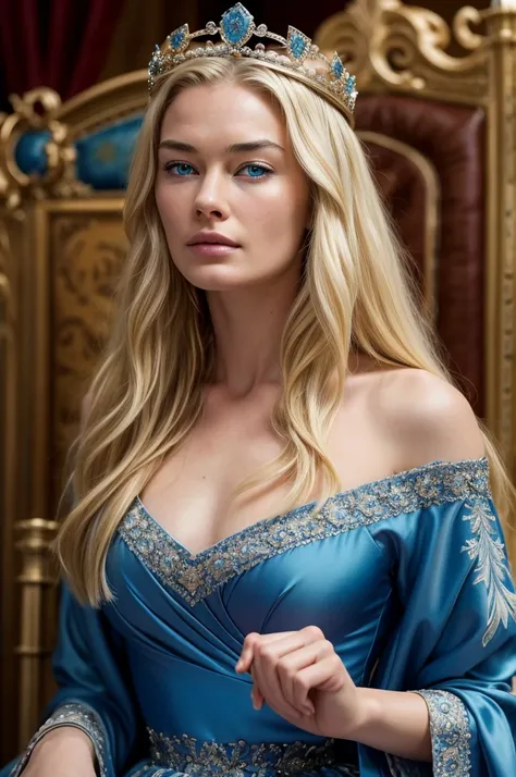 16 year old Lena Headey, ultra detailed face, ultra detailed blue eyes, long blonde hair, (queen dress), queen crown, (((masterpiece)))