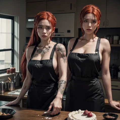 a woman with a tattoo, (([red|negro] Hair)), long Hair, wearing a negro apron,  kitchenndo, look at the viewer, kitchen, cake and cake in the background, weigh in, (calming tones:1.0), (HDR:1.25), (art station:1.2), dramatic, (intricate details:1.14), (hyp...