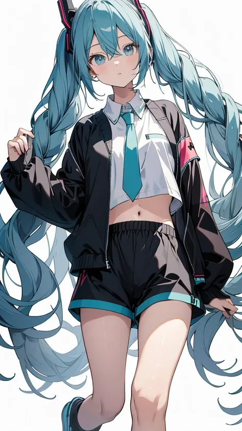 Hatsune miku add_detail:1, belly button, looking at the viewer, hand on hip, black jacket, dolphin shorts, ingle, (white shirt:1.2), braid, very long hair, Wide hips, 
under the chest, shirt, 
Big(Body proportions),