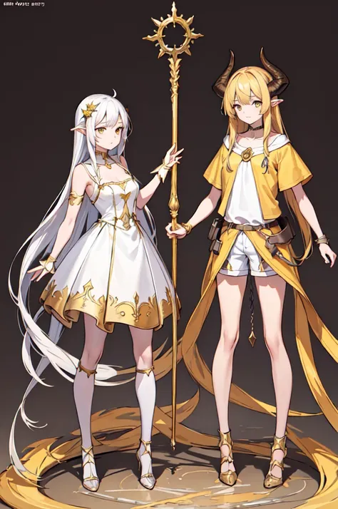 ((masterpiece,Best quality,8 k,A high resolution)),((character concept art)), 1 woman, young adult woman, Yellow medieval summer girl, concept, vines on the hand and horns from the vines, full length, whole body, magic hunter, White shorts, (standing still...