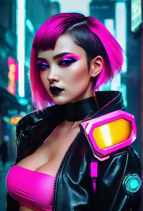 The image depicts a person with a striking cyberpunk-inspired look. The individual has a short, dyed hair style with vibrant shades of pink and blue, and their makeup is equally bold, featuring neon accents that complement the hair colors. They are wearing...