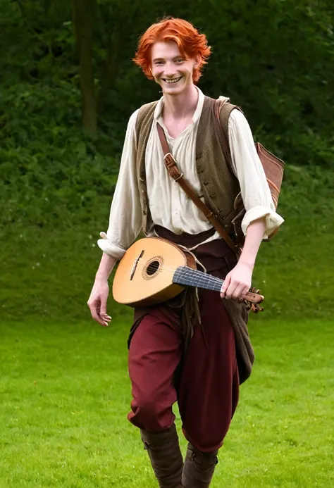 young boy, naughty man, tall and kinda thin, red hair, eyes browns, bard clothes, carries a lute on his back, Grinning, is he happy, him&#39;is sitting on top of a worn out roof, in the background a small village with a bell in the middle, 2d art, anime st...