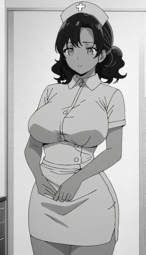 masterpiece, best quality, grayscale, monochrome, screencap, 1girl, solo, adult, mature, tanned skin, black hair, medium hair, wavy hair, hairbun, light eyes, tight nurse outfit, pencil skirt, nurse cap, large breasts