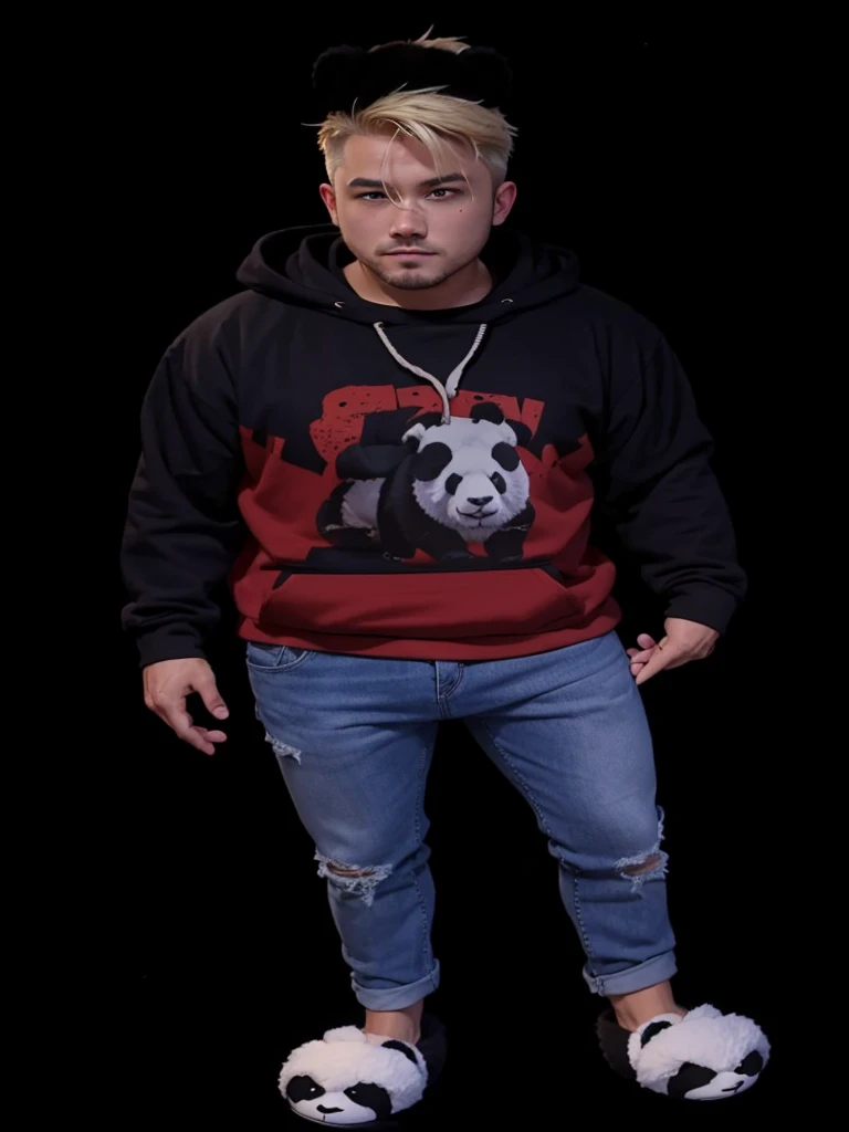 A full body man, with short blonde hair, with hoodie, with jeans, with panda slippers on feet.