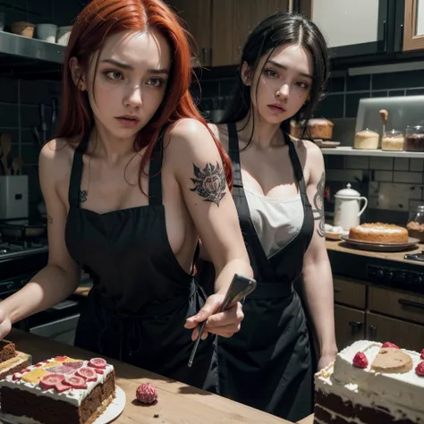 a woman with a tattoo, (([red|negro] Hair)), long Hair, wearing a negro apron,  kitchenndo, look at the viewer, kitchen, cake and cake in the background, discovered weight ,inside, (calming tones:1.0), (HDR:1.25), (art station:1.2), dramatic, (intricate de...