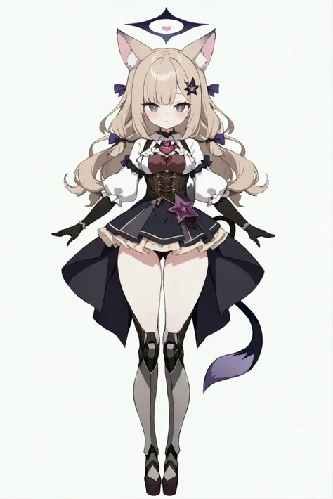 woman 170 cm tall. medium chest, wide hip, slim build, ((whole body)). (((character design sheet: front view))). (dark blonde hair, (hip-length wavy hair with asymmetrical bangs, star hairpin), (She has a short braid tied with an elegant purple ribbon on t...