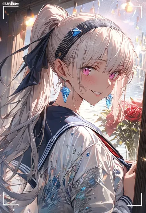 In the background is a garden filled with red roses, Silver Hair, Front Ponytail, Eye Reflexes, Red contact lenses, Pink Eyes,Heterochromia iridis， Put on earrings, blue crystal pendant，Wicked Smile, hair band，High detail, Romanticism, Depth of written bou...