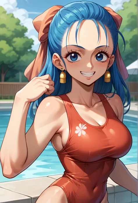 score_9, score_8_up, score_7_up, score_6_up, source_anime, BREAK 1girl, nera, hair ribbon, , earrings, red one piece swimsuit, , looking at you, medium bust, , happy, smiling, mouth closed, full body, standing pose, indoor pool