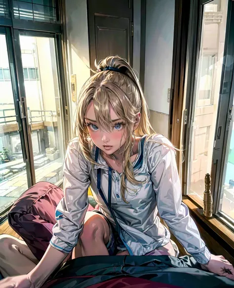 Absurd resolution, high resolution, (masterpiece: 1.4), super detailed, (((detailed face, detailed expression)), two girls, girl and girl, friends, best friends, classmates, relaxing, ponytail, bob, sitting on bed, sitting on the floor, two people conversi...