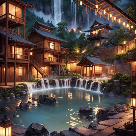 (masterpiece、highest quality)、(japan favelas)、(地下へ行く石のstage)、((beautiful night view))、((underground hot spring facilities、石のstag...