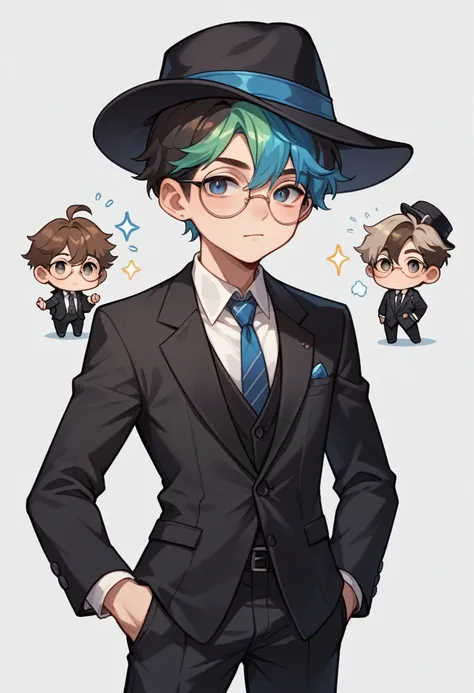 score_9, score_8_up, score_7_up, 1 boy, young boy, sexy boy, chibi, boy, sexy, erótic, colored hair, Rainboy hair, business clothes, hat, round glasses.
