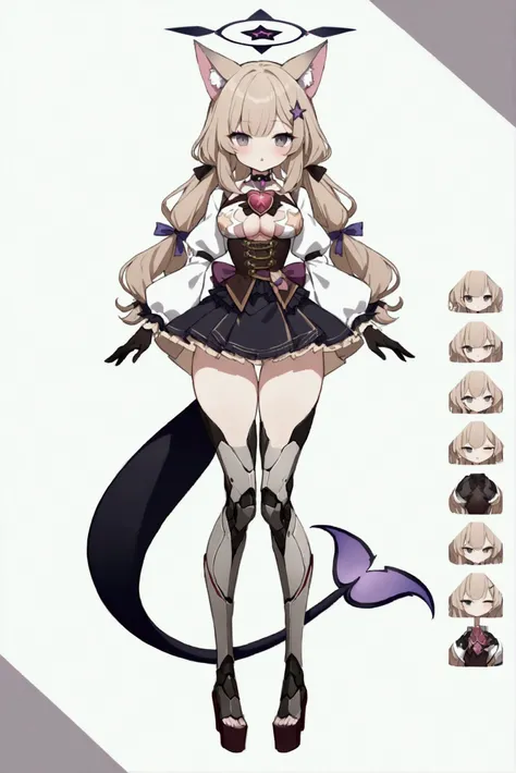 woman 170 cm tall. medium chest, wide hip, slim build, ((whole body)). (((character design sheet: front view))). (dark blonde hair, (hip-length wavy hair with asymmetrical bangs, star hairpin), (She has a short braid tied with an elegant purple ribbon on t...