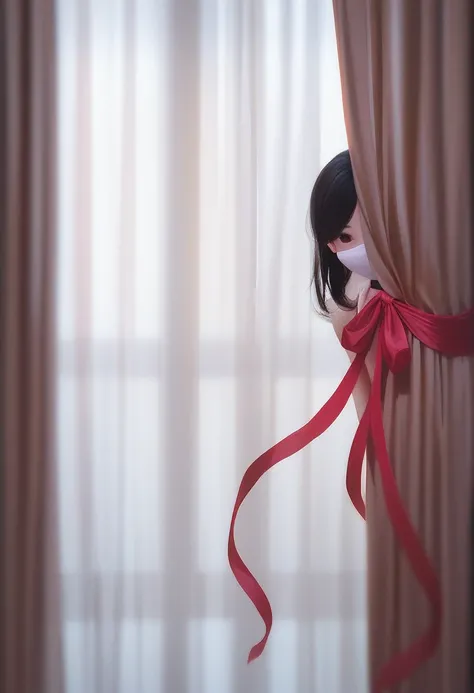 gangle, solo, black eyes, ribbon, red ribbon, no humans, white mask, curtains, female, full body, source, source, red ribbons on body, floating ribbons, human body, black mouth