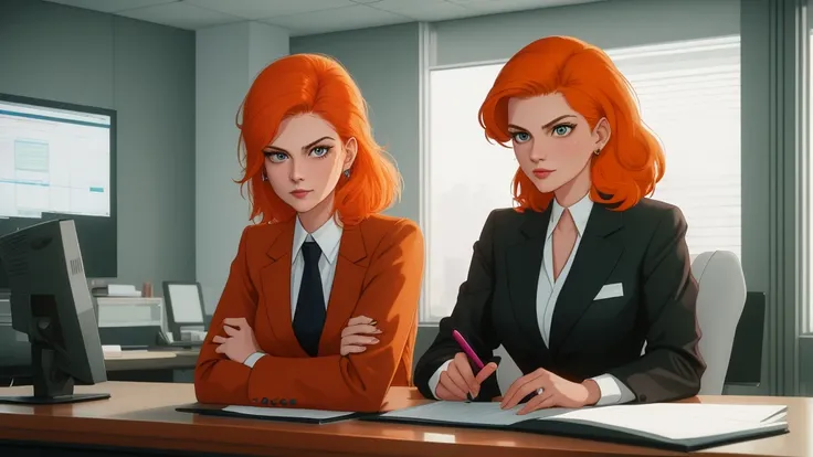 /draw orange hair woman green eyes sitting at desk talking on telephone with computer monitor, 1 9 8 0 s vaporwave business fashion, business woman, 1 9 8 0 s woman, woman in business suit, young business woman, denis velleneuve, female in office dress, sa...