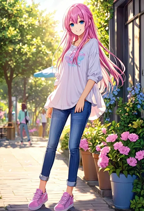 Megurine Luka smile casual clothes jeans colorful morning peace