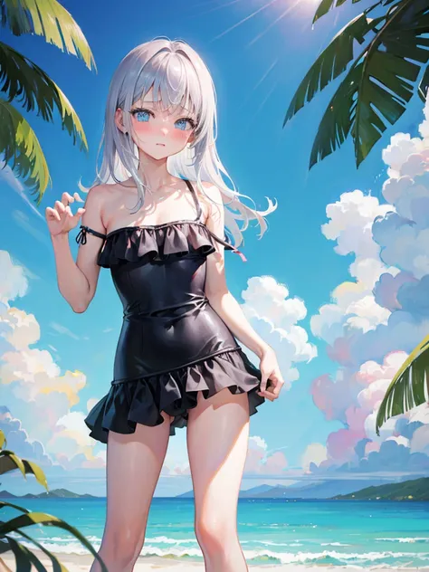 Random patterned swimsuit、Random patterned swimsuit,Swimsuit,Blushing、Medium semi-long hair、Silver Hair、pale blue eyes　、Head to toe full body、Blushing、Embarrassed look、Composition from the front、A view from slightly below、school swimwear、Acme Face、Random p...