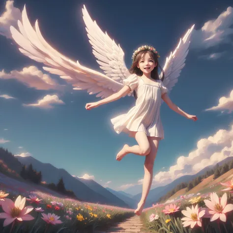 angel art, everybody jumps, smile, joy, heaven, like, garden, happiness, light, let me、highest quality、4ｋ、