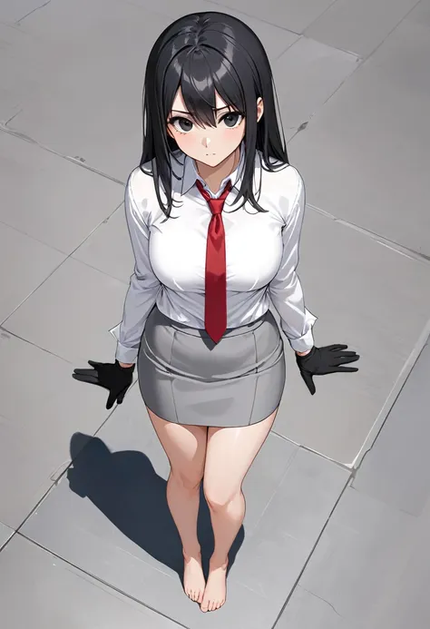 gray miniskirt , bare foot , white dress shirt , Gray pencil skirt , whole body , thighs , black hair , black eyes , straight hair , long sleeves , bare legs , View from above , Black gloves , , red tie , standing posture