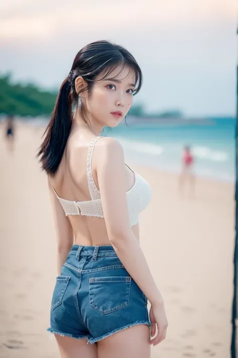 (Best quality, 8k, 32k, Masterpiece, UHD:1.2), 1girl, beautiy Japanese woman, a woman in denim shorts posing on the beach at sunset, long hair, Lee Ji Eun, hot with shining sun, casual pose, lee ji-eun, lee ji - eun, gorgeous young korean woman, korean gir...