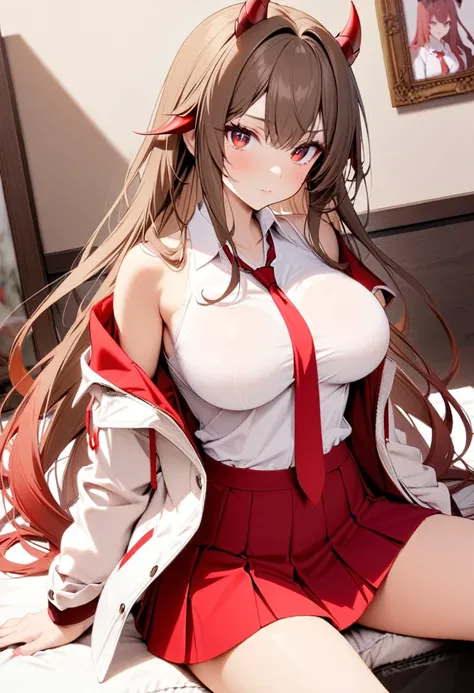 a woman in red and white is sitting on a bed. the person has horns and eyes, 1girl, breasts, thighs, solo, long hair, sitting, horns, skirt, red eyes, large breasts, off shoulder, shirt, looking at viewer, red skirt, white shirt, jacket, brown hair, pictur...