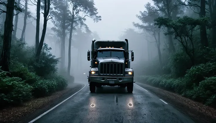 create a dark and eerie thumbnail for a youtube video titled 'scary truck drive story'. the image should feature a large, menaci...