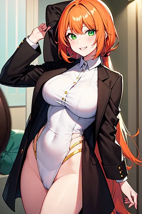 sexy, NFSW, white skin, anime woman, happy, glowing green eyes, extremely short glowing orange hair, wearing a suit