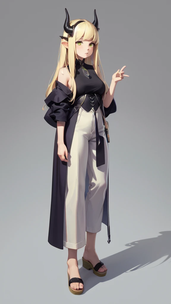 ((masterpiece,Best quality,8 k,A high resolution)),((character concept art)), 1 woman, young adult woman, Yellow medieval summer girl, concept, vines on the hand and horns from the vines, full length, whole body, magic hunter, White shorts,  (standing stil...