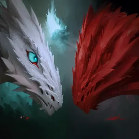 painting of two dragons facing each other with red and white feathers, ice and fire, godrays digital painting, dragons, dragon portrait, dragon art, d & d digital painting, dragon eyes, d & d fantasy digital painting, oil painting of dragon, fire and ice, ...