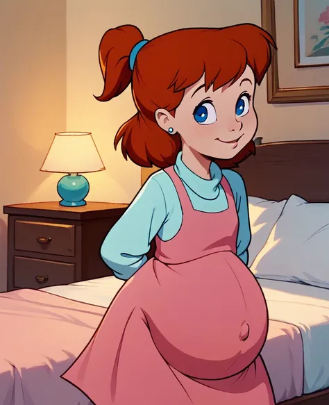 score_8, score_9, jenny, 1 girl, alone, brown hair, blue eyes, earrings, standing, in the bedroom, smile, pink dress, hyper-preg...