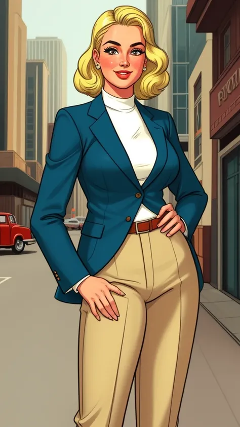 pretty woman, (1girl:1.3), Cropped Blazer, Blonde hair, Dress pants, rubenesque, pinup, cowboy shot, standing , in a retro-futuristic setting