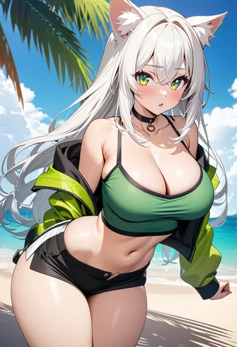 an anime girl posing in black and green outfit on the beach for a photo shoot, 1girl, solo, navel, big breasts, breasts, thick, thick thighs, green eyes, long hair, animal ears, looking at viewer, outdoors, white hair, off shoulder, beach, choker, multicol...