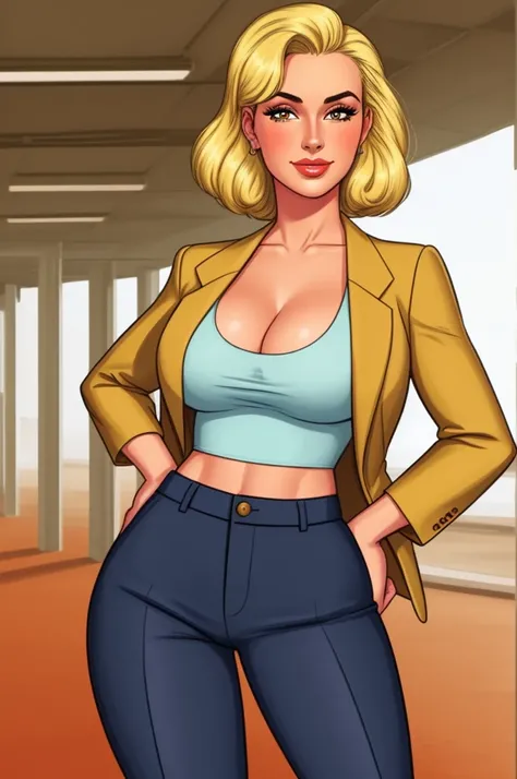 pretty woman, (1girl:1.3), Cropped Blazer, Blonde hair, Dress pants, rubenesque, pinup, cowboy shot, standing , in a retro-futuristic setting