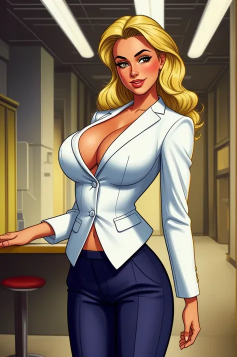 pretty woman, (1girl:1.3), Cropped Blazer, Blonde hair, Dress pants, rubenesque, pinup, cowboy shot, standing , in a retro-futuristic setting